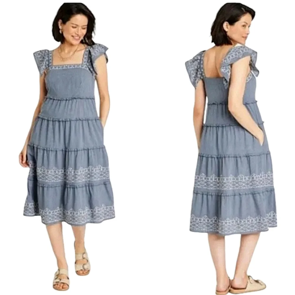Knox Rose Blue Embroidered Tiered Midi Dress Flutter Sleeves & Pockets Small